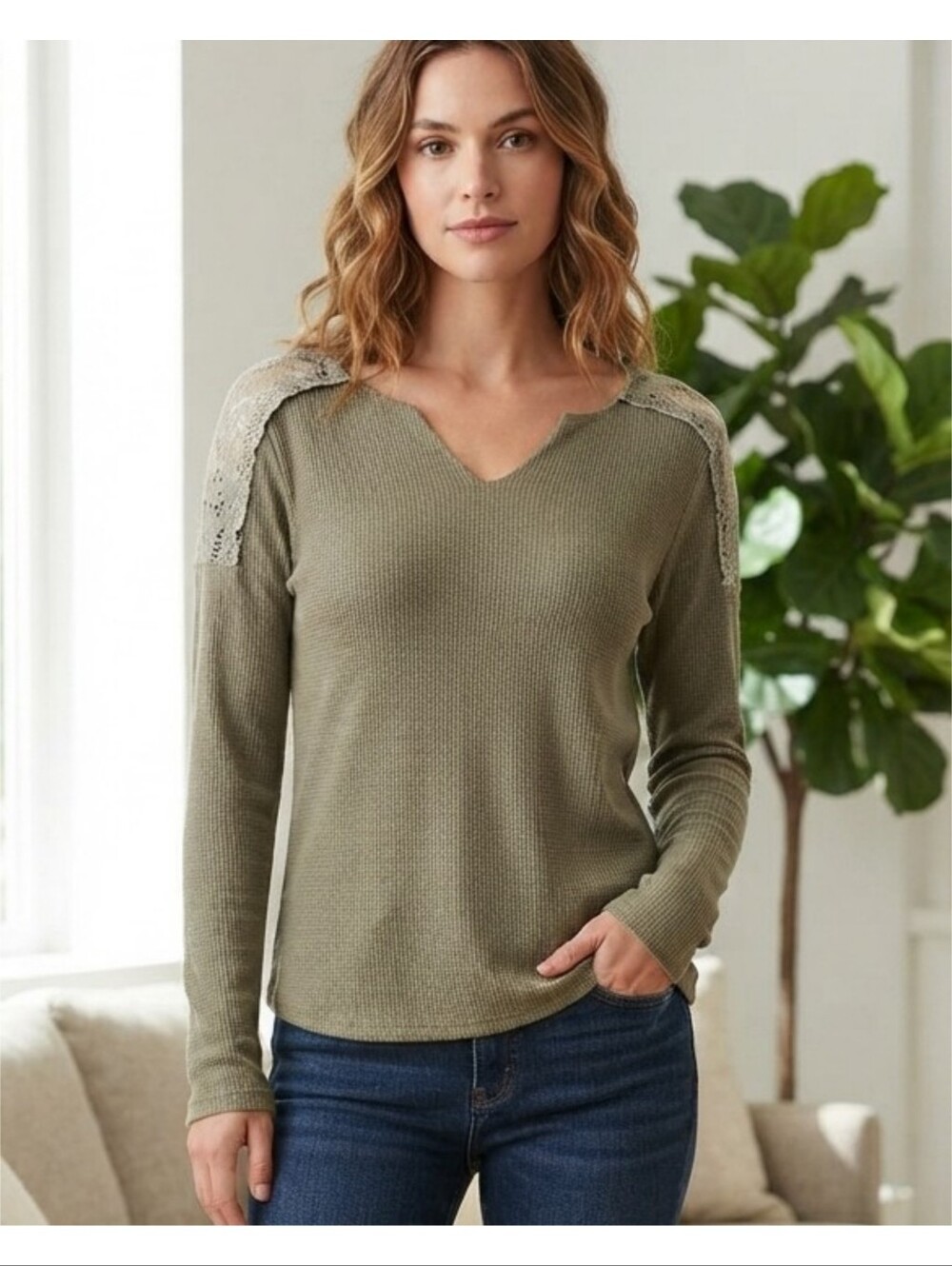 Knox Rose Thermal Lace top Green Size S
